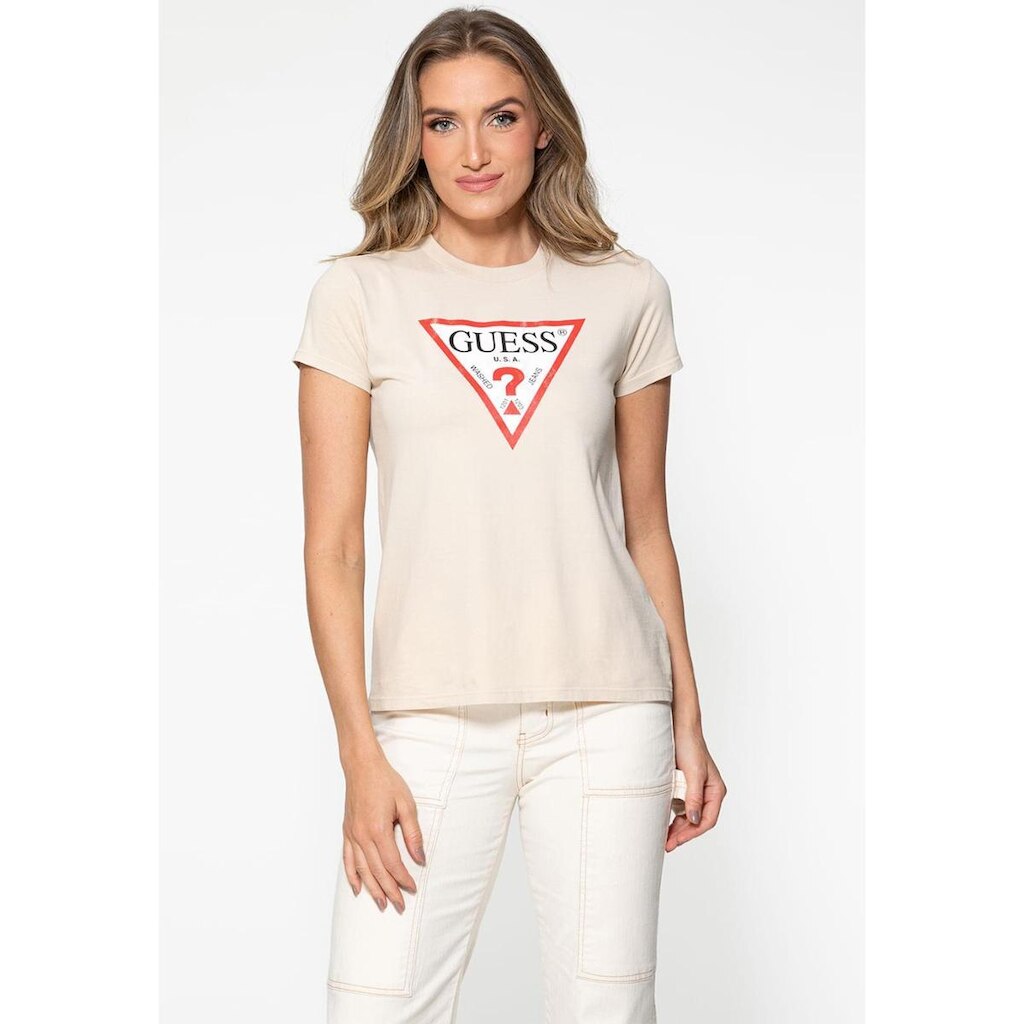 Camiseta Guess Triang Trad Desgastado Bege