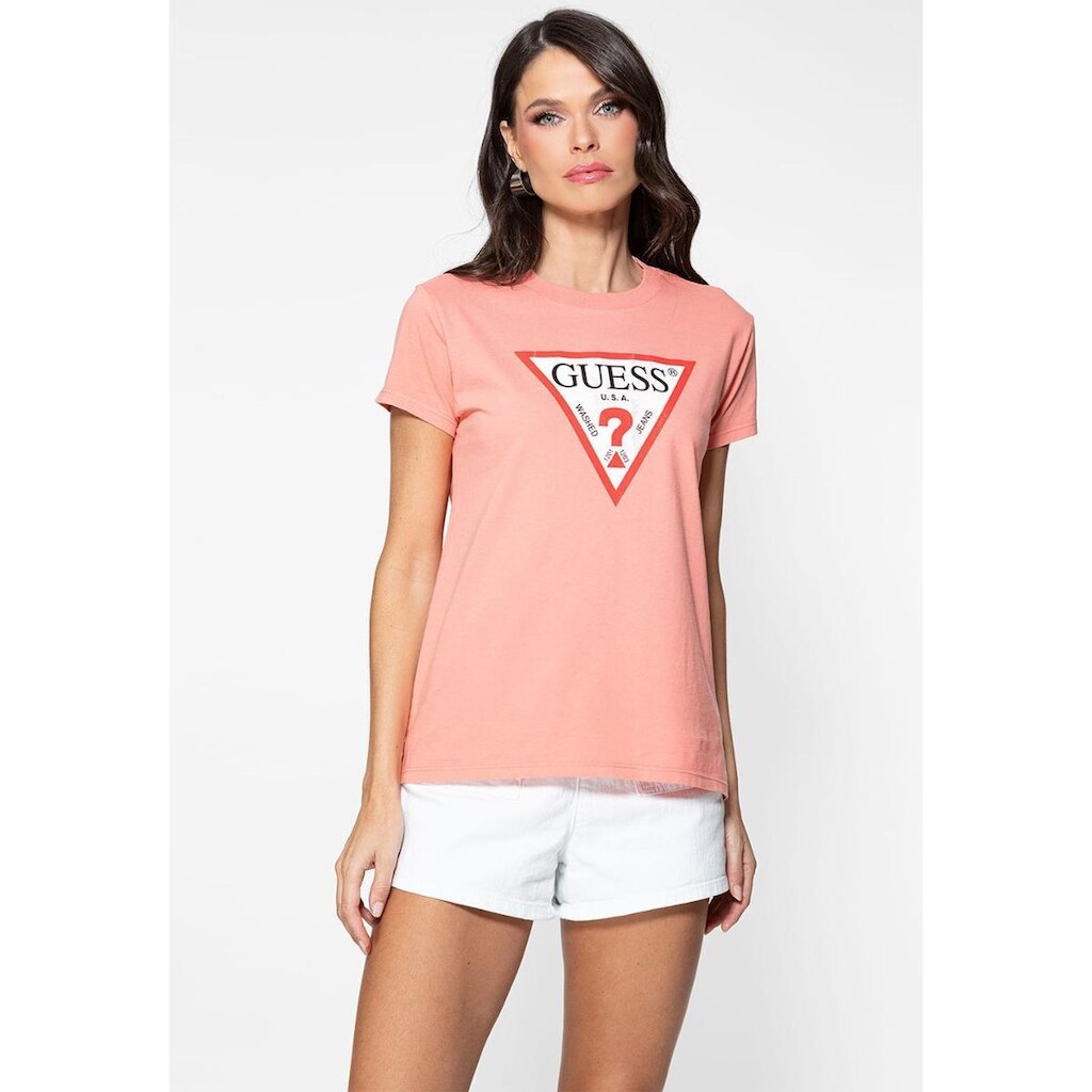 Camiseta Guess Triang Trad Desgastado Laranja Claro