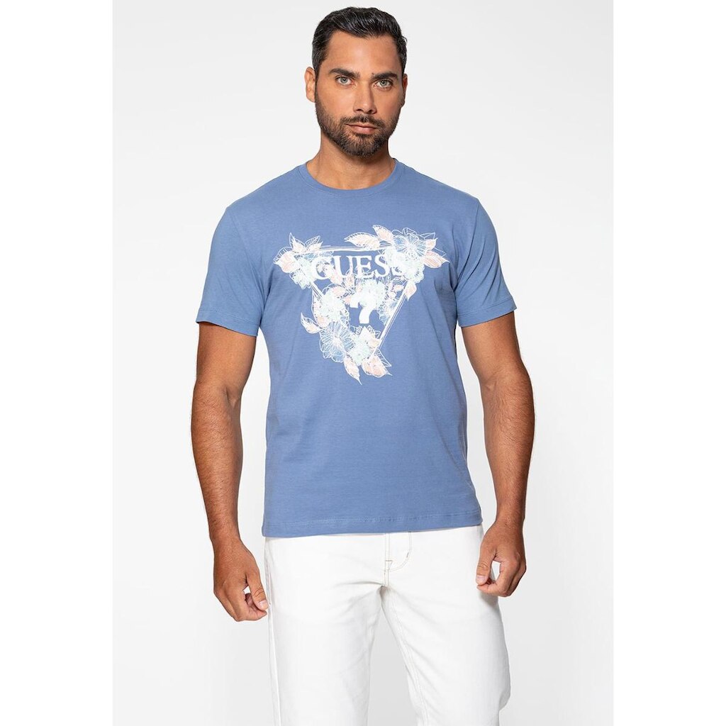 Camiseta Guess Triângulo Floral Bordado Azul Claro