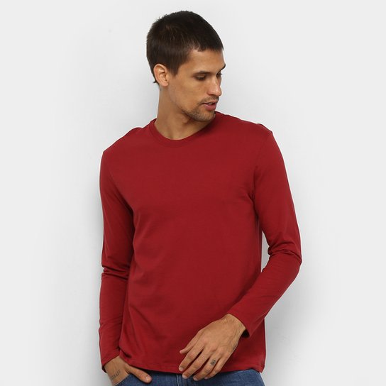 Camiseta Hering Basica Manga Longa Masculina Vermelho Escuro