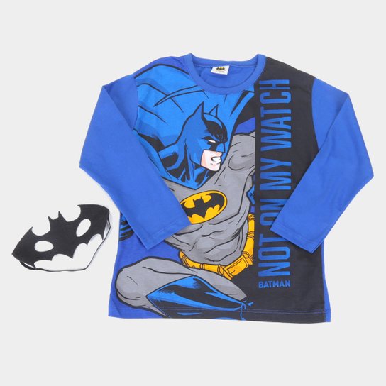 Camiseta Infantil Fakini Batman Com Máscara Manga Longa - Azul Escuro Menor preço em Camiseta Infantil Fakini Batman Com Máscara Manga Longa - Azul Escuro