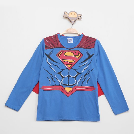 Camiseta Infantil Kamylus com Capa Liga da Justiça Superman Menino - Azul Menor preço em Camiseta Infantil Kamylus com Capa Liga da Justiça Superman Menino - Azul