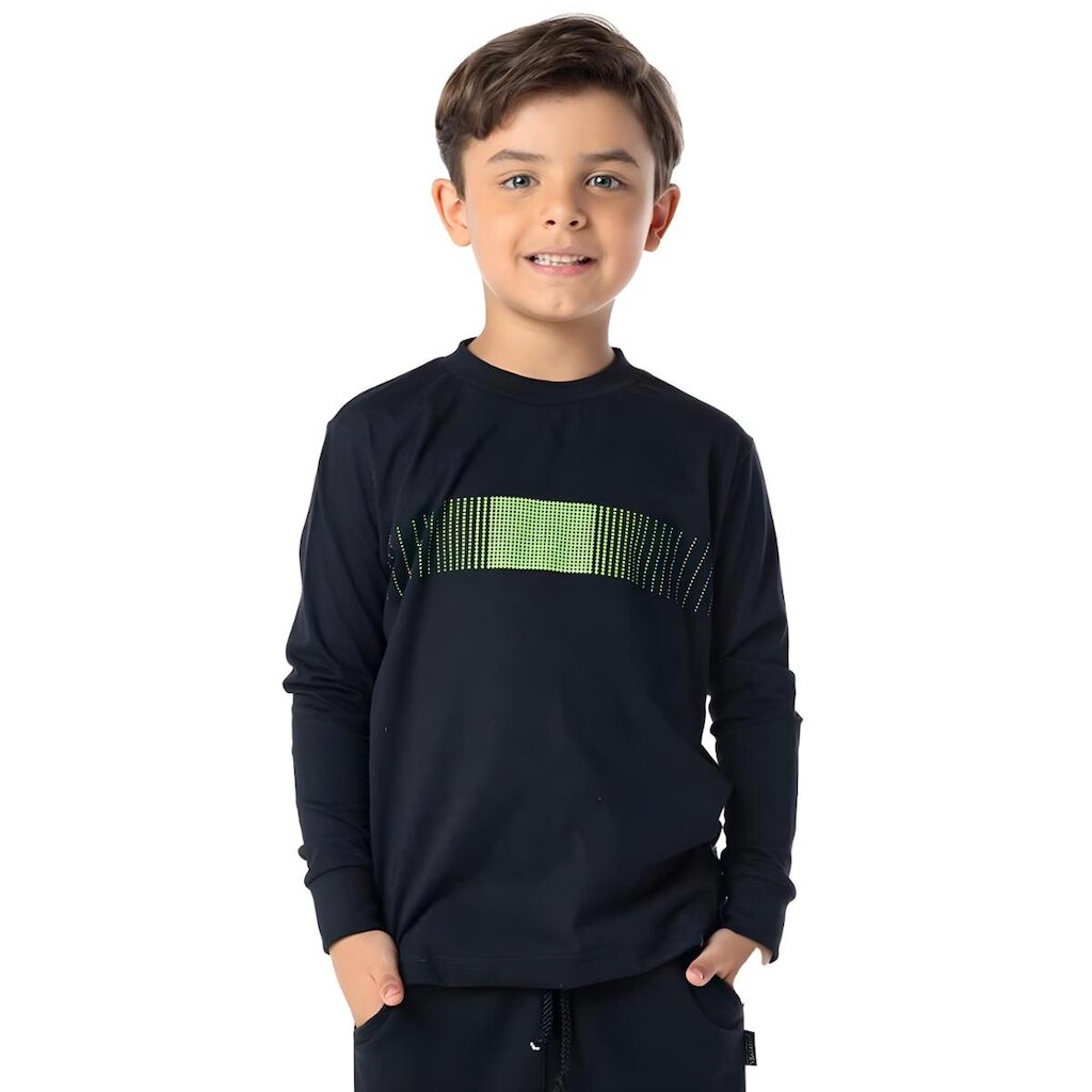 Camiseta Infantil Manga Comprida Menino Faixa Neon Preta