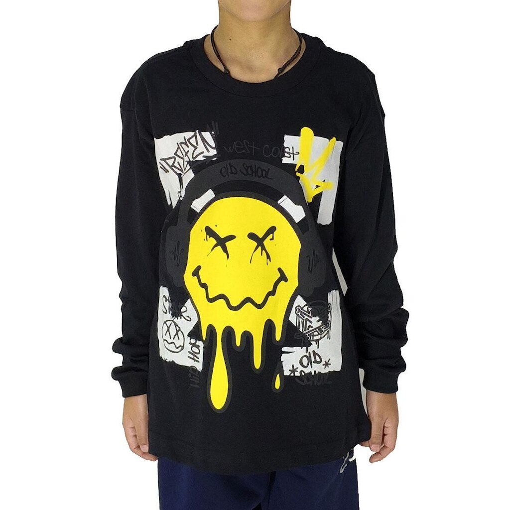 Camiseta Infantil Manga Longa Refen Emoji X Preto RFN-032