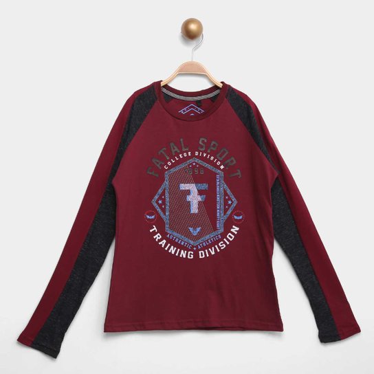 Camiseta Juvenil Fatal Manga Longa Estampada Especial Masculina - Bordô Menor preço em Camiseta Juvenil Fatal Manga Longa Estampada Especial Masculina - Bordô