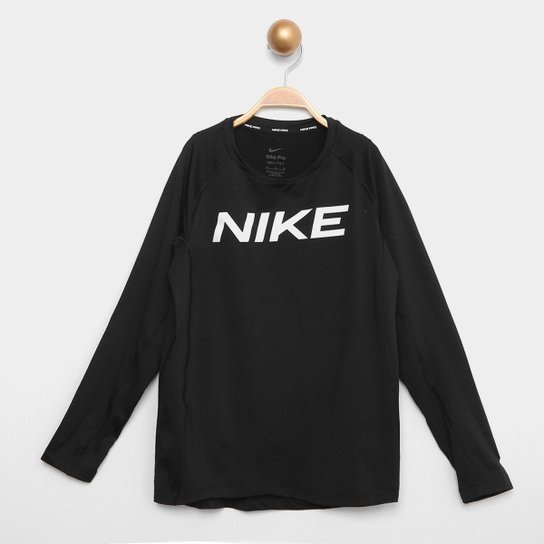 Camiseta Juvenil Nike Dri-Fit Pró Manga Longa Masculina - Preto Menor preço em Camiseta Juvenil Nike Dri-Fit Pró Manga Longa Masculina - Preto