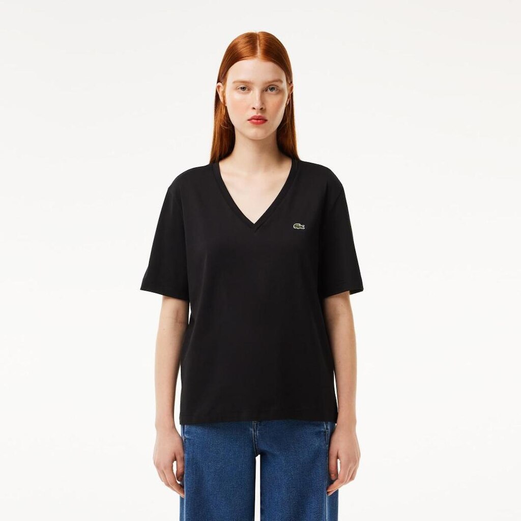 Camiseta Lacoste de Algodão com Gola V e Caimento Relaxado Feminina