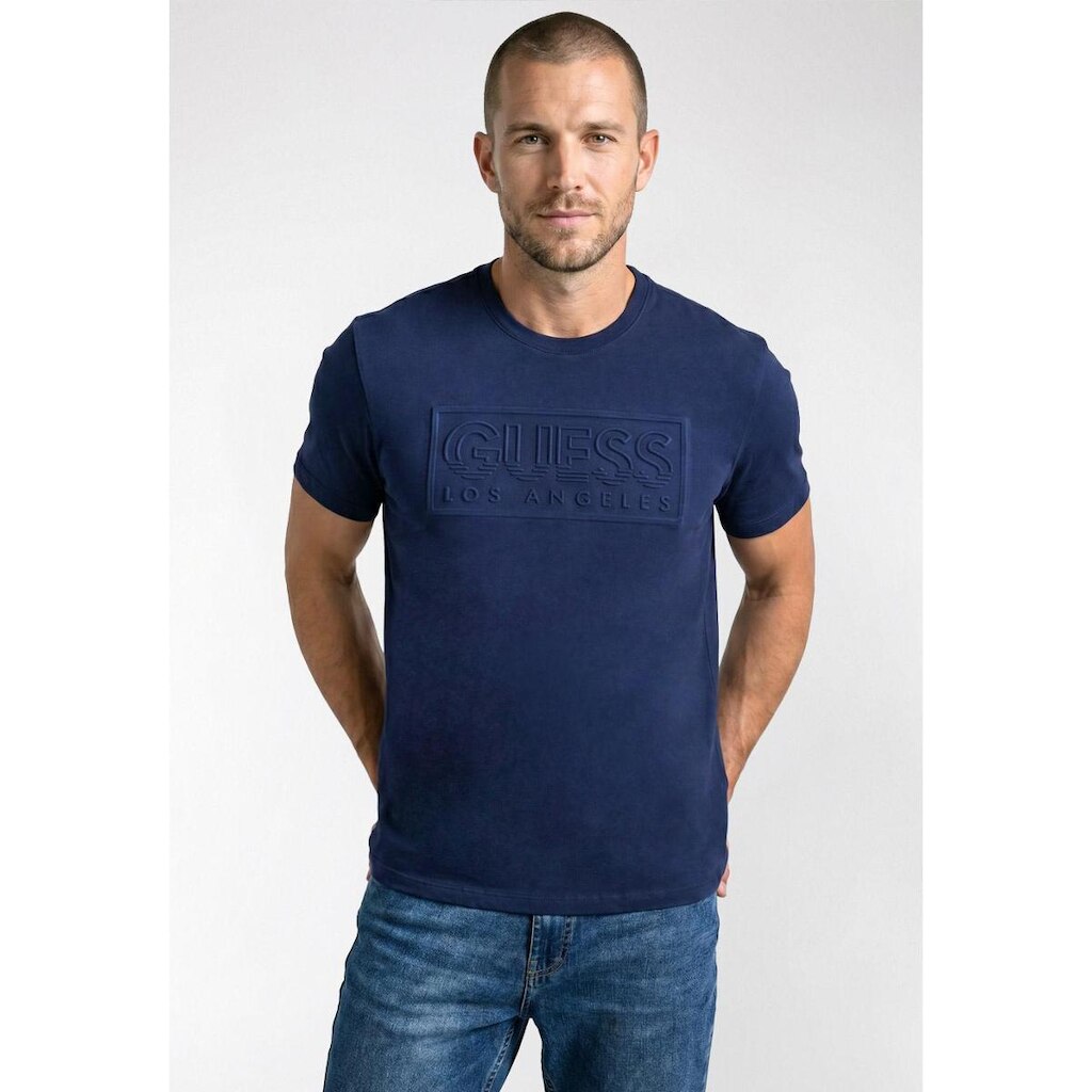 Camiseta Logo Guess Embossed Azul Escuro