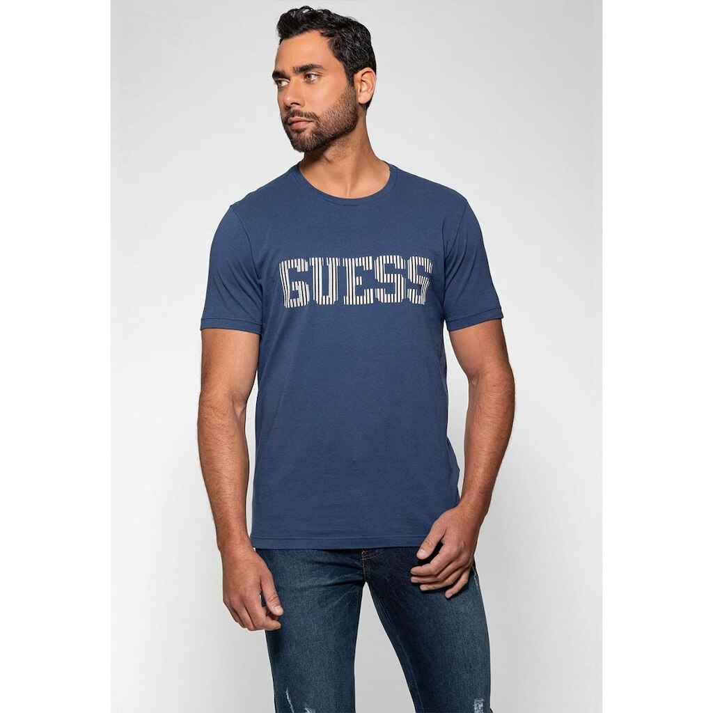 Camiseta Logo Listrado Guess Azul Escuro
