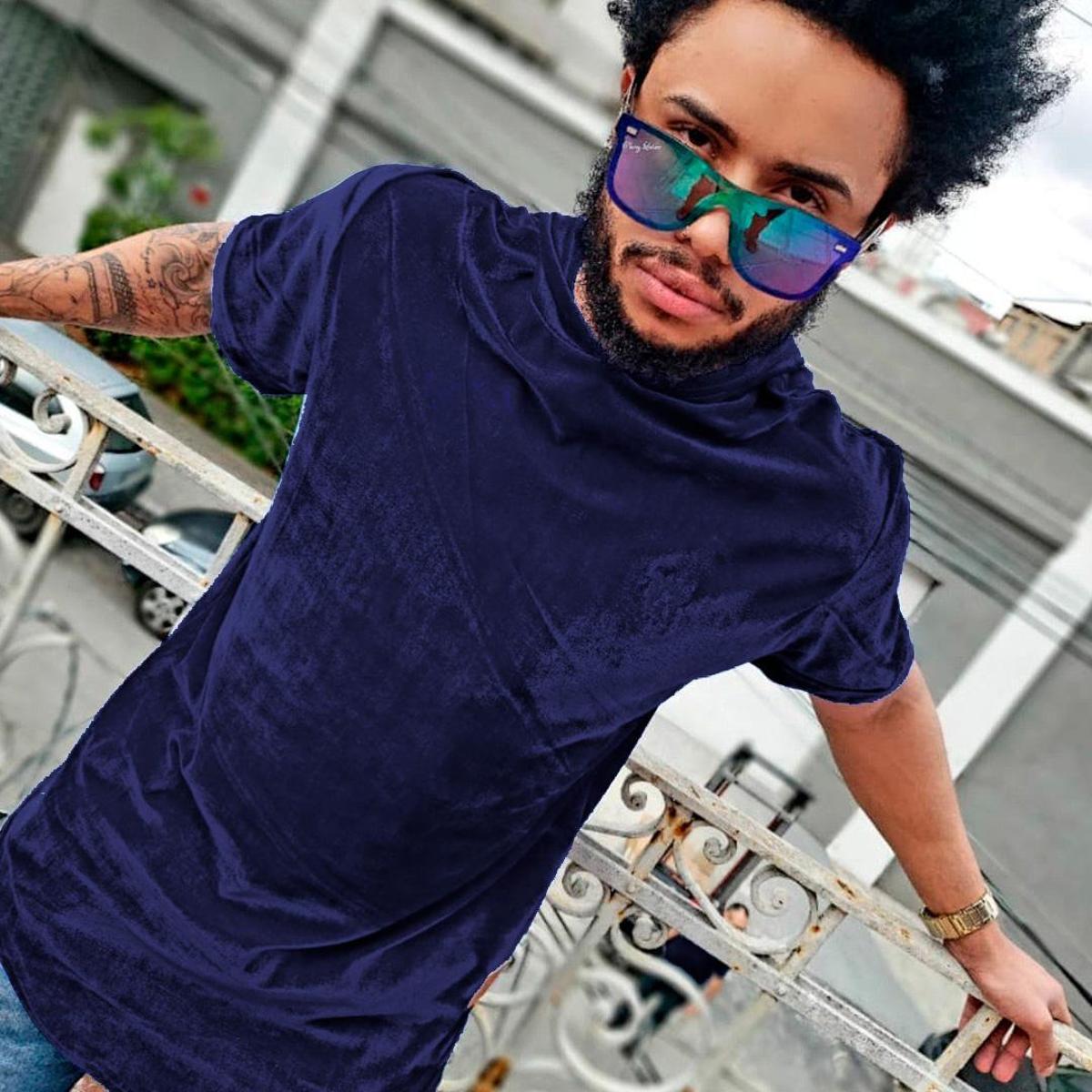 Camiseta Longline de Veludo com Touca Pierry Lohan - V01 - Azul | Netshoes