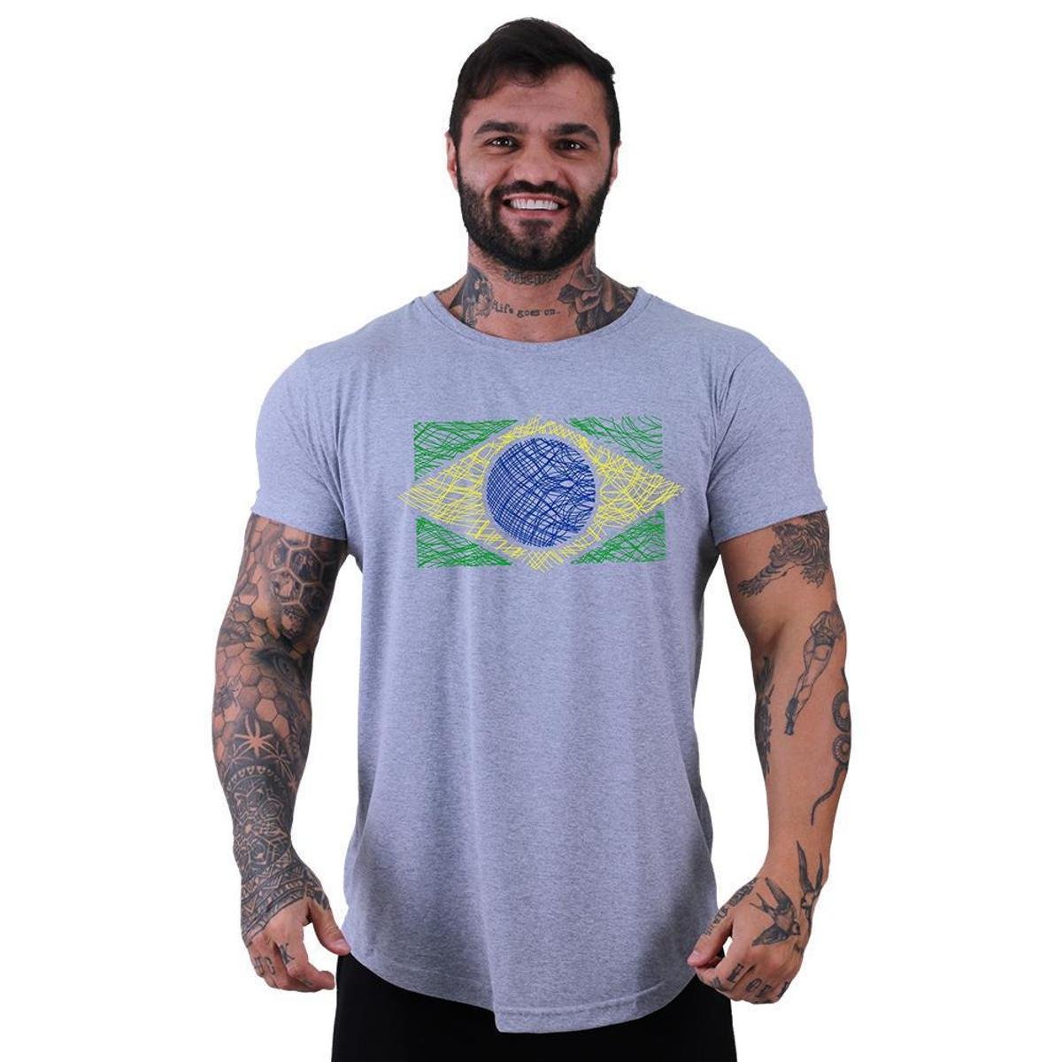Camiseta Longline Manga Curta Alto Conceito Bandeira Brasil Costura Menor preço em Camiseta Longline Manga Curta Alto Conceito Bandeira Brasil Costura