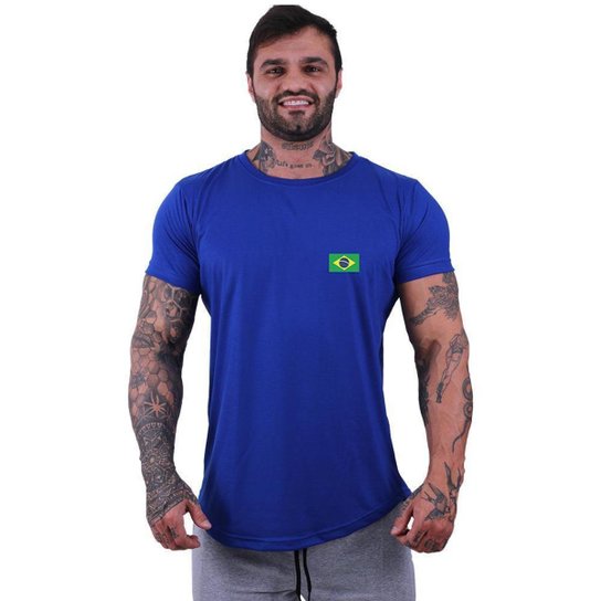 Camiseta Longline Manga Curta Alto Conceito Bandeira Brasil - Azul Menor preço em Camiseta Longline Manga Curta Alto Conceito Bandeira Brasil - Azul