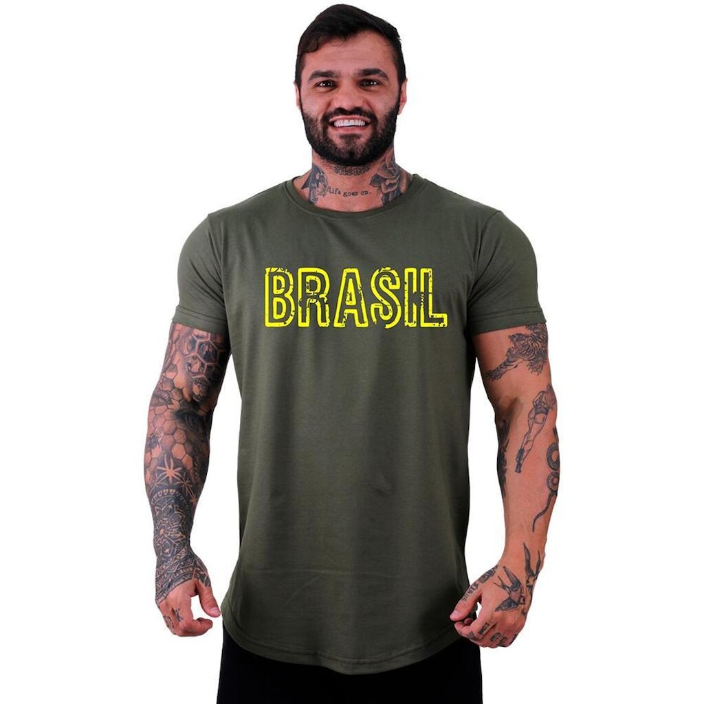 Camiseta Longline Manga Curta Alto Conceito Brasil Rabiscado