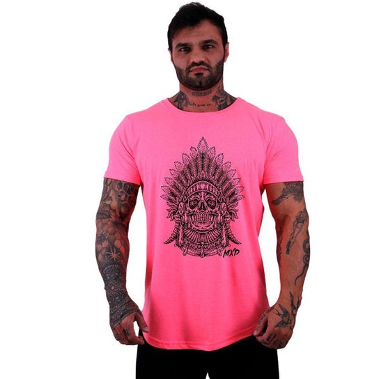 Camiseta Longline Manga Curta MXD Conceito Caveira Cacique - Rosa Escuro Menor preço em Camiseta Longline Manga Curta MXD Conceito Caveira Cacique - Rosa Escuro
