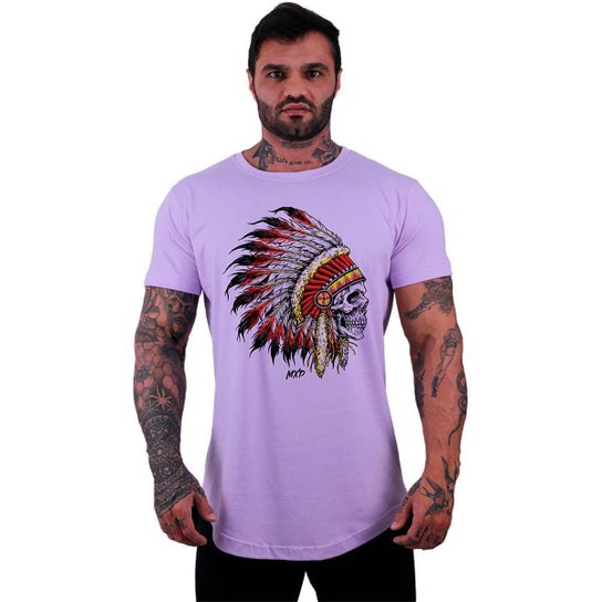 Camiseta Longline Manga Curta MXD Conceito Caveira Cacique - Lilás Menor preço em Camiseta Longline Manga Curta MXD Conceito Caveira Cacique - Lilás