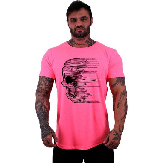 Camiseta Longline Manga Curta MXD Conceito Caveira Letreiro Masculina - Rosa Menor preço em Camiseta Longline Manga Curta MXD Conceito Caveira Letreiro Masculina - Rosa