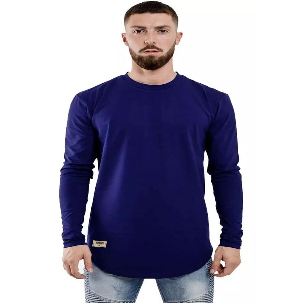 Camiseta Longline Manga Longa Azul 100% Algodão