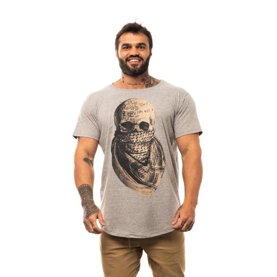 Camiseta Longline Premium Masculina MXD Conceito Caveira com Lenço - Mescla Menor preço em Camiseta Longline Premium Masculina MXD Conceito Caveira com Lenço - Mescla