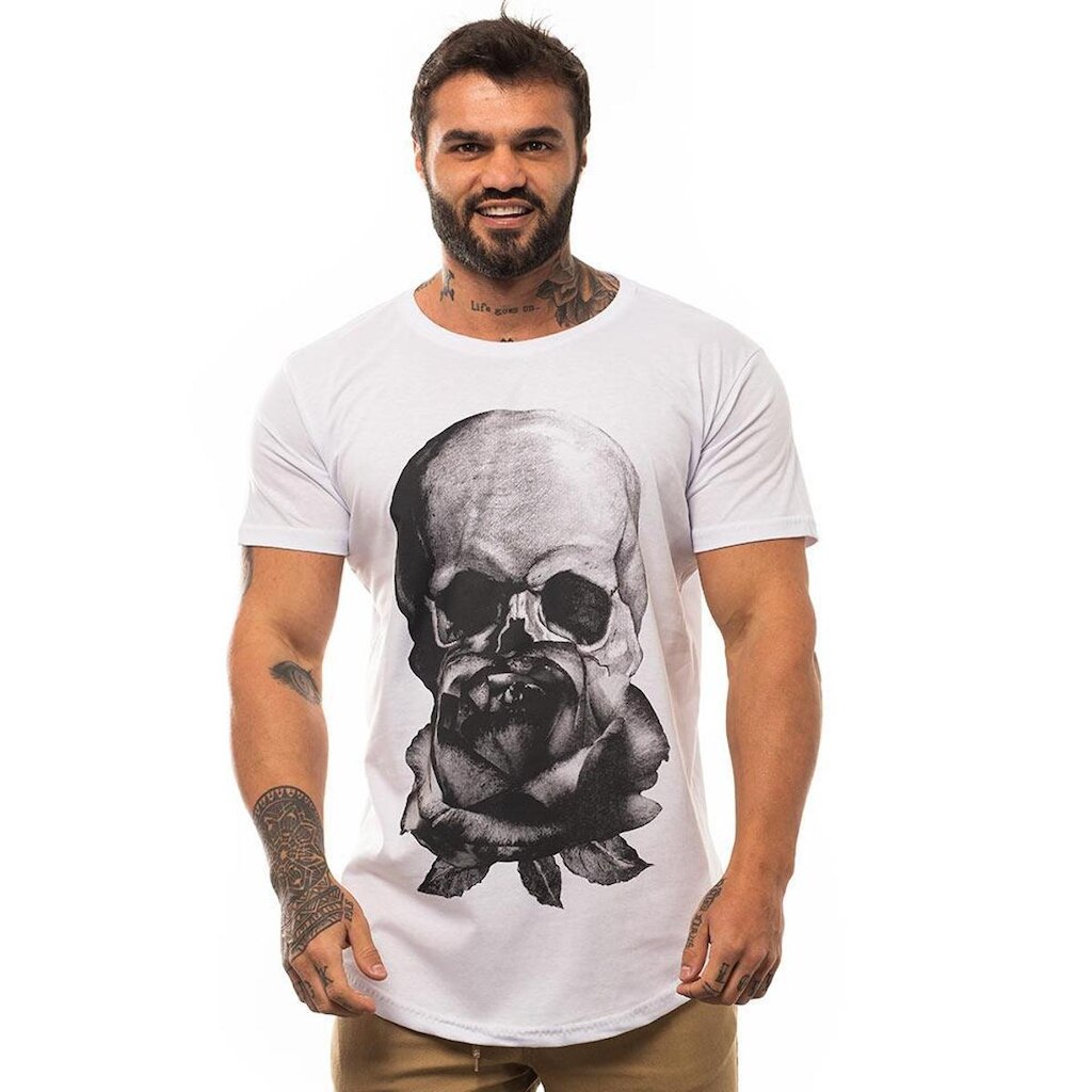 Camiseta Longline Premium Masculina MXD Conceito Caveira e Rosa