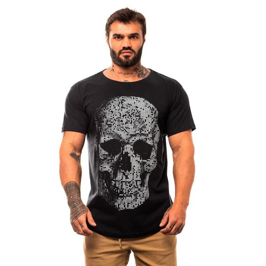Camiseta Longline Premium Masculina MXD Conceito Caveira Quadricular - Preto Menor preço em Camiseta Longline Premium Masculina MXD Conceito Caveira Quadricular - Preto