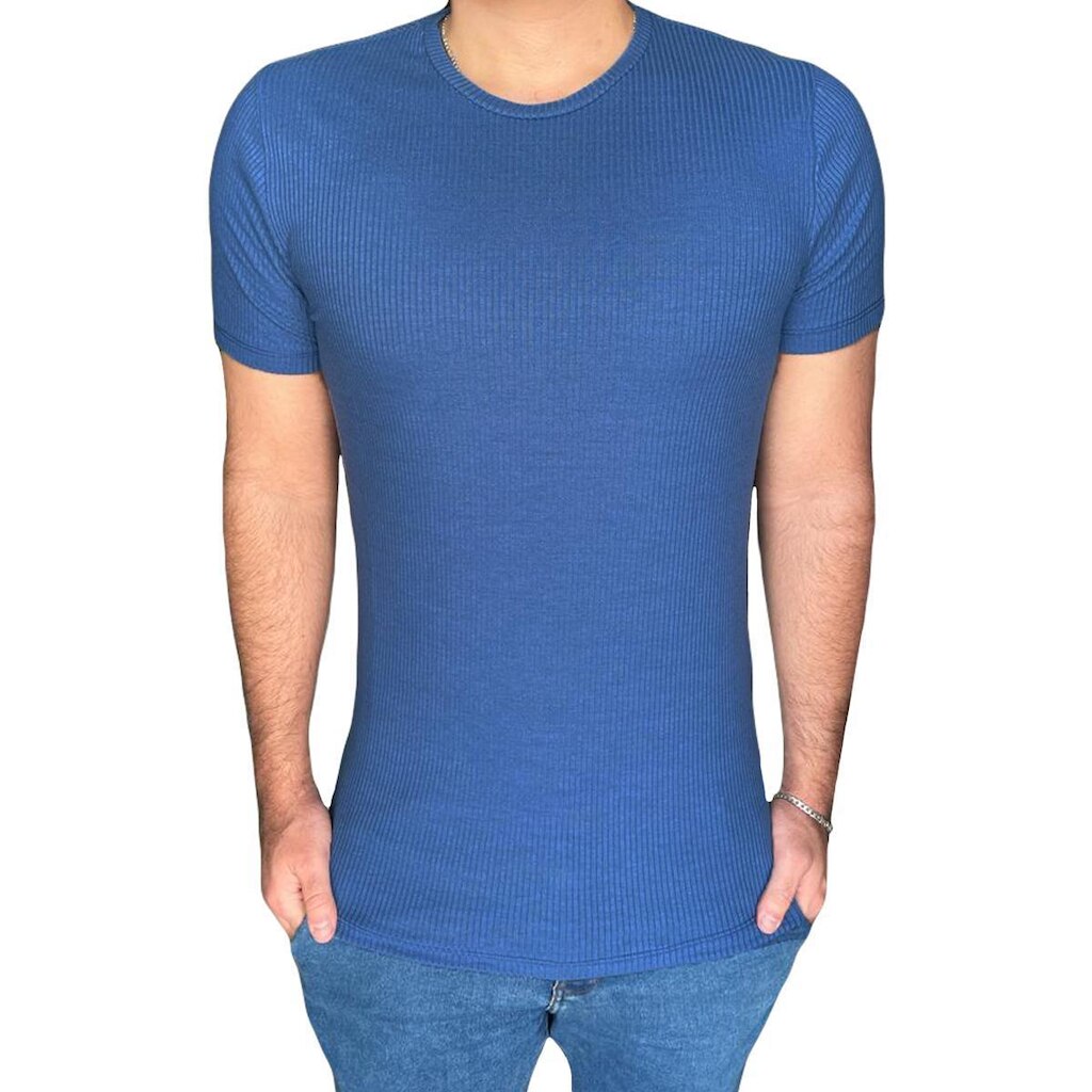 Camiseta Malha Canelada Slim Fit Manga Curta Masculina Azul