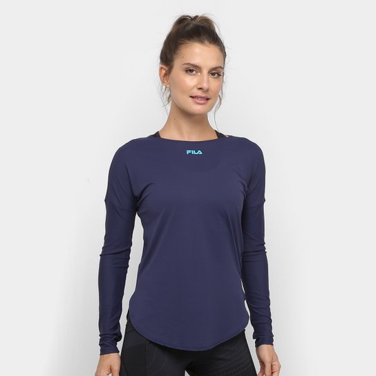 Camiseta Manga Longa Fila Bio II Feminina - Marinho+Azul Menor preço em Camiseta Manga Longa Fila Bio II Feminina - Marinho+Azul