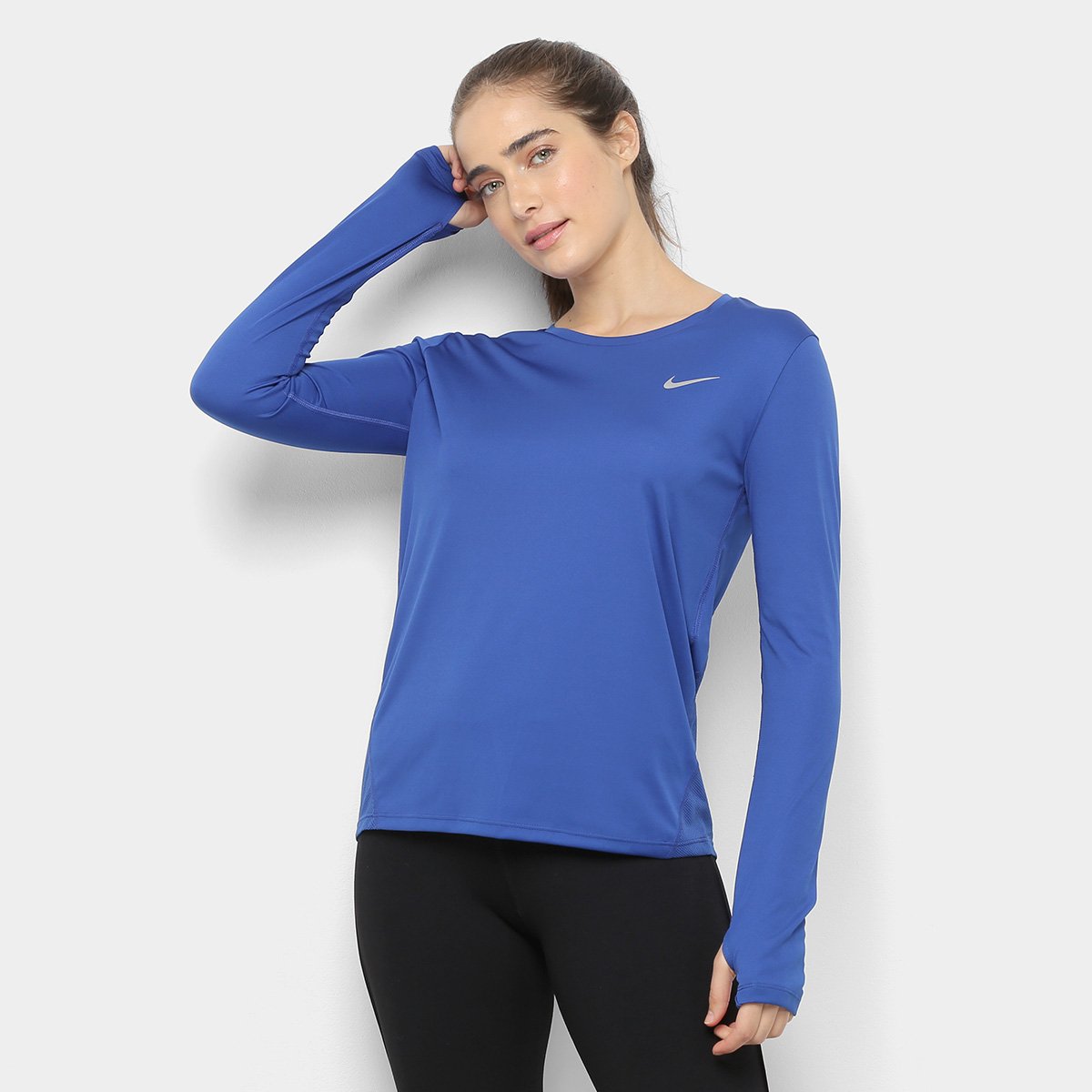 Camiseta Manga Longa Nike Dri Fit Miler Feminina Marinho Netshoes