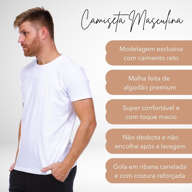 Camiseta Masculina Algodão - Básica Lisa