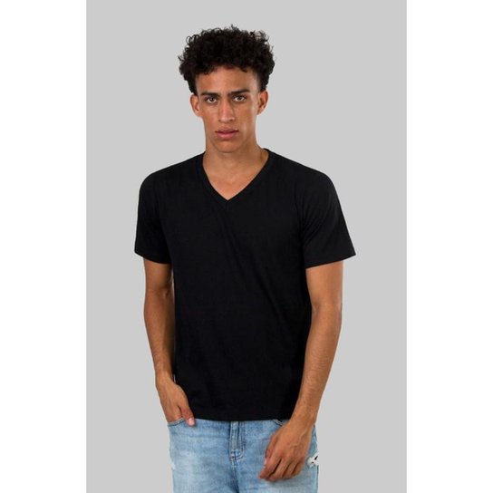 Camiseta Masculina Blusa Camisa Slim Fit Lisa Basic Gola V - Preto Menor preço em Camiseta Masculina Blusa Camisa Slim Fit Lisa Basic Gola V - Preto