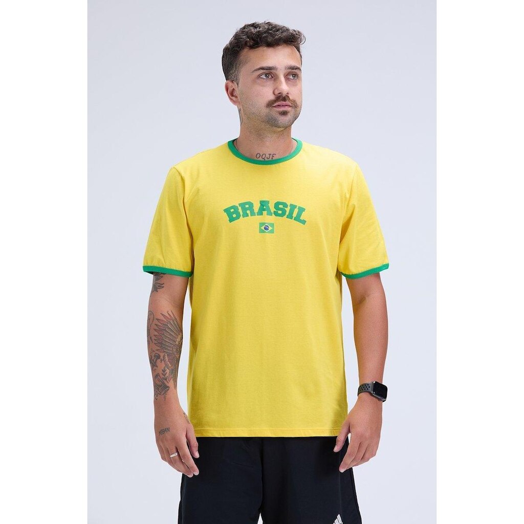 Camiseta Masculina Brasil Copa 100% Algodão Amarela