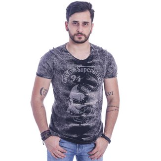 Camiseta Masculina Estonada e Estampada Preta  Base M