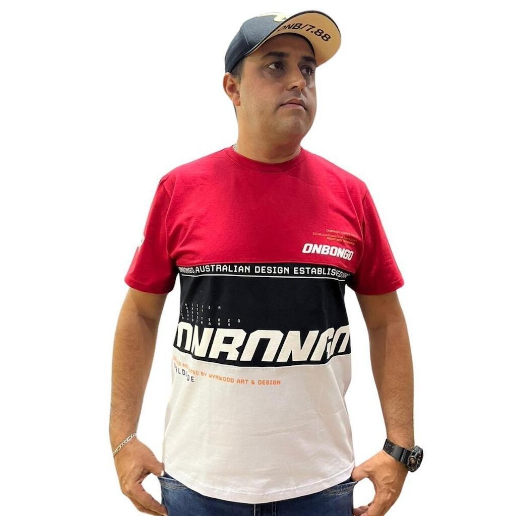 Camiseta Masculina Onbongo Vermelha Preta e Branca ON057