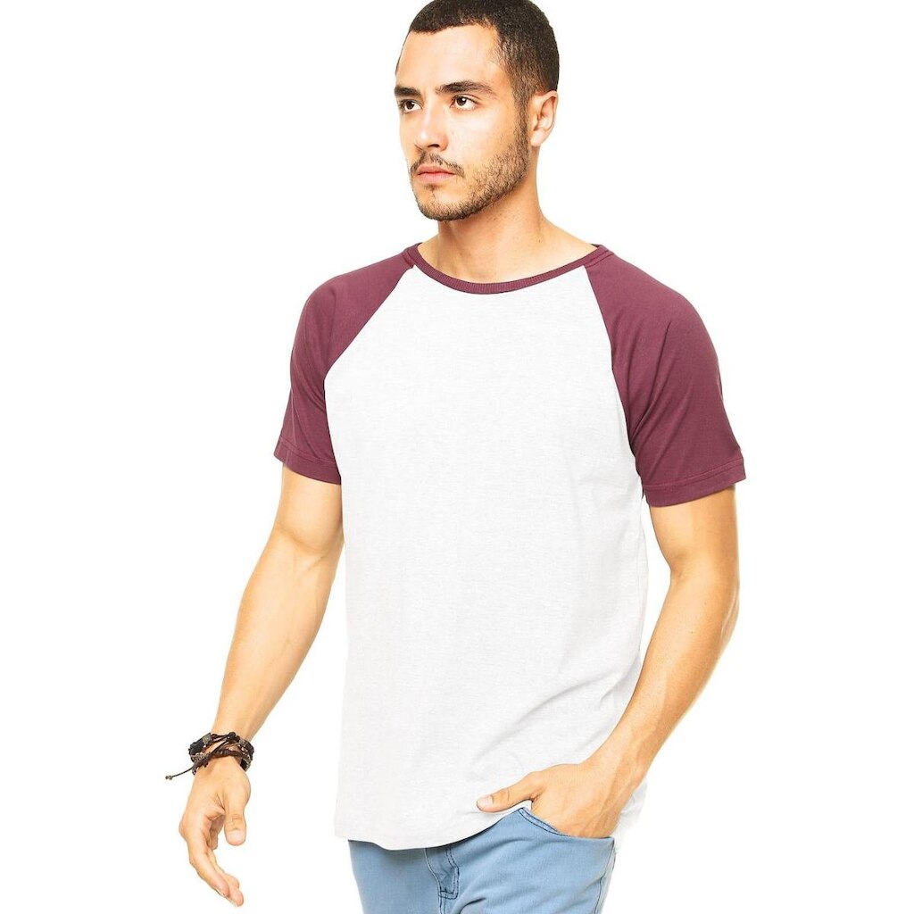 Camiseta Masculina Raglan Branca e Bordô