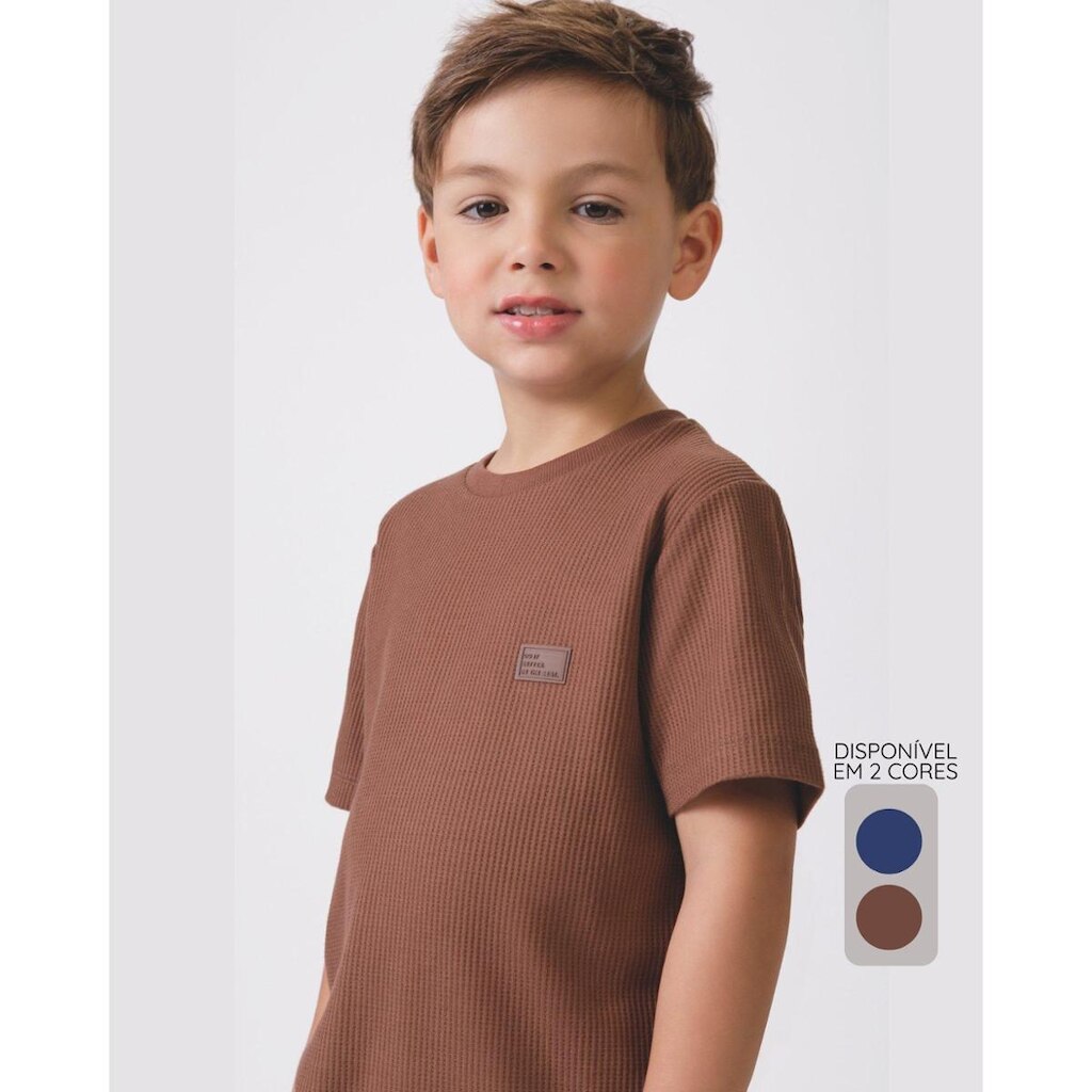 Camiseta menino verão leve elegante estiloso fresquinho - Marrom e Jeans - Menino 1 a 14 anos