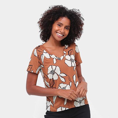 Camiseta Mob Floral Gola V Feminina - Feminino