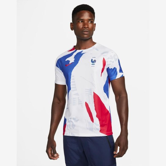Camiseta Nike França Pré-Jogo Masculina - Branco Menor preço em Camiseta Nike França Pré-Jogo Masculina - Branco