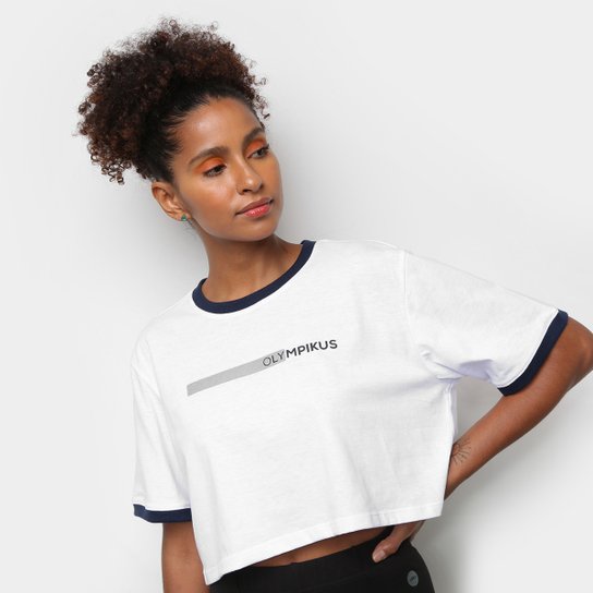 Camiseta Olympikus Oversized Print Manga Curta Feminina - Branco+Marinho Menor preço em Camiseta Olympikus Oversized Print Manga Curta Feminina - Branco+Marinho