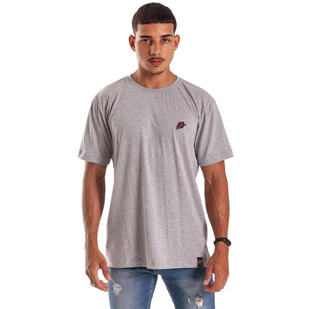 Camiseta Oversized Basics Over Cinza Mescla Patch Vermelho