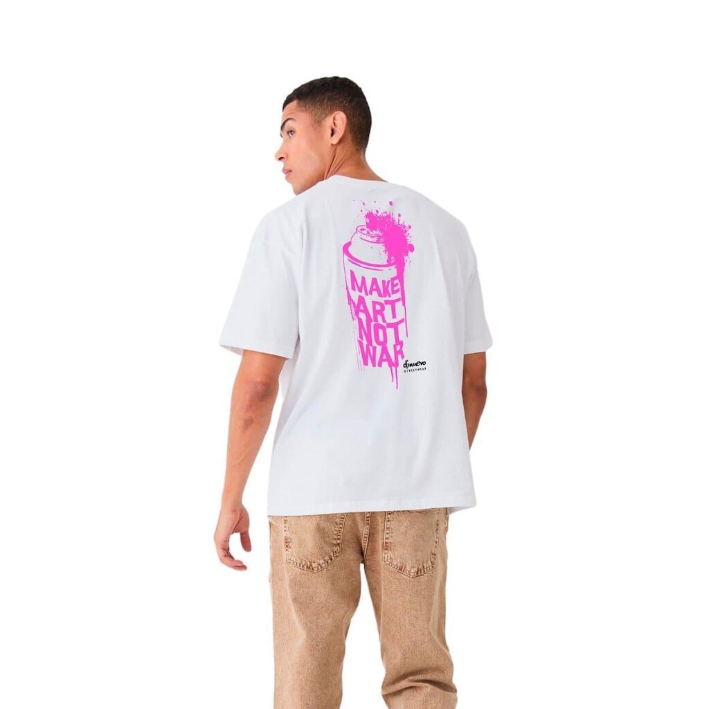 Camiseta Oversized Branca Make Art Not War Rosa