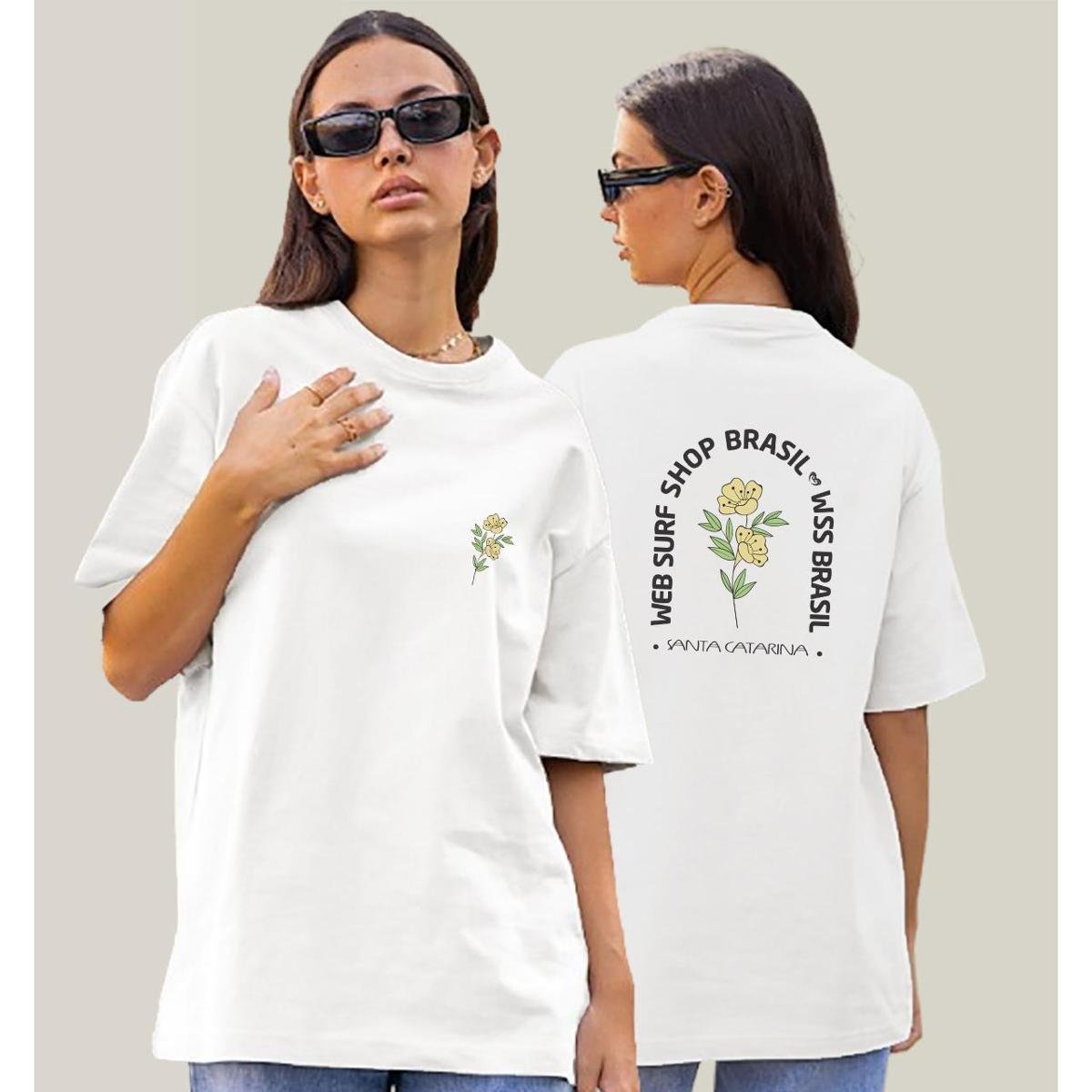Camiseta Oversized Feminina Branca Algodão Prime WSS Yellow Bloom