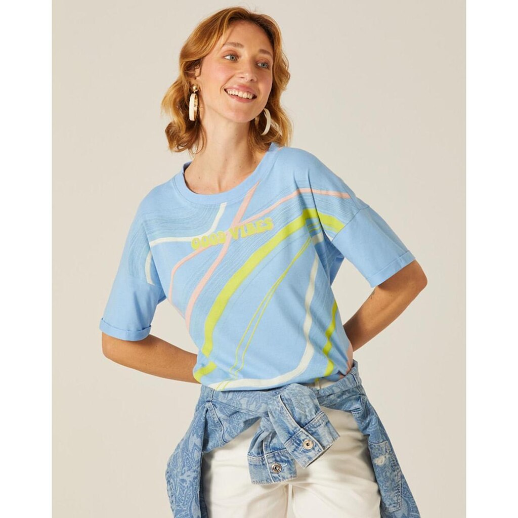 Camiseta Oversized Feminina Good Vibes Em Algodão Azul - PP