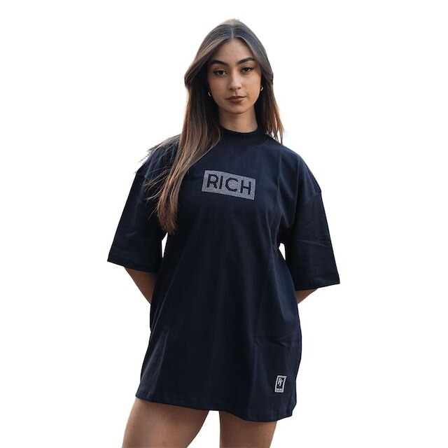 Camiseta Oversized Gola Alta Aplique Quadrado Streetwear Confortavel Masculina Preto