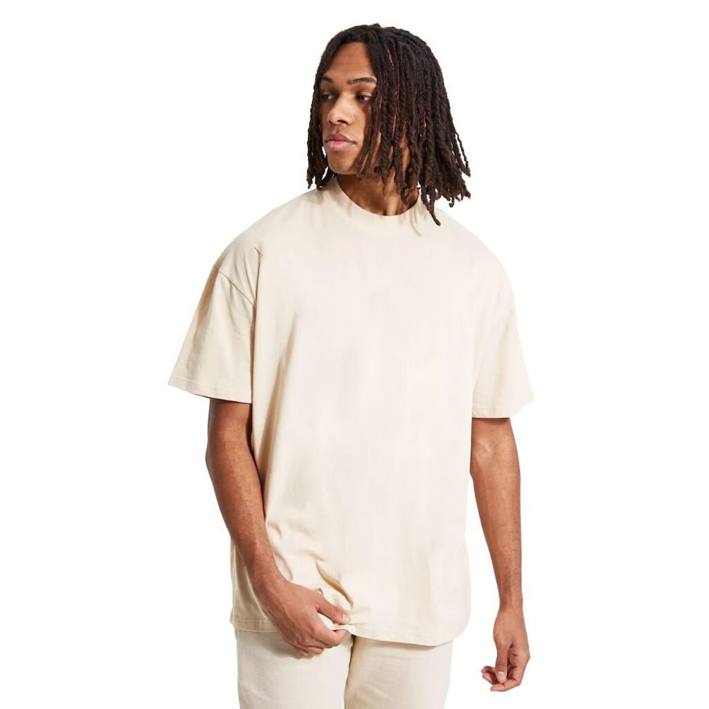 Camiseta Oversized Marfim Gola Alta em Algodão