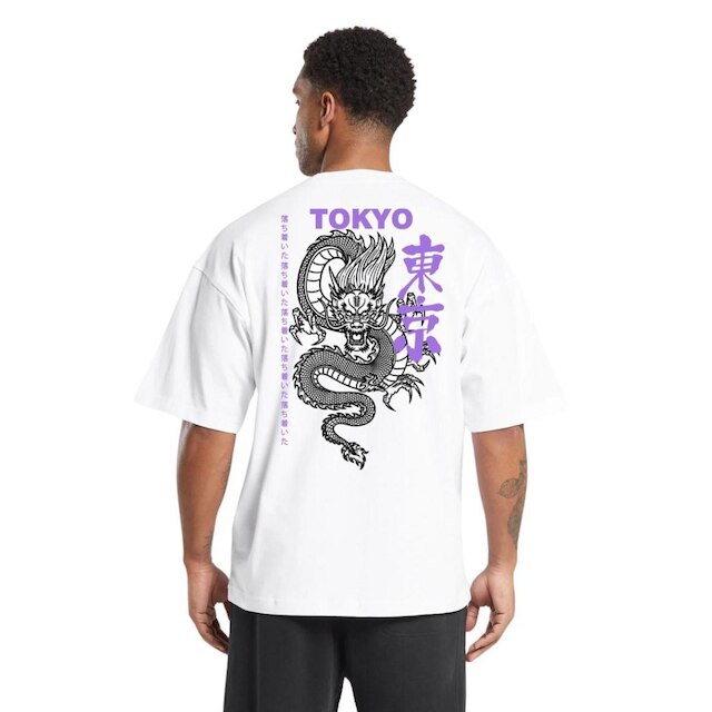 Camiseta Oversized Streetwear De Algodão Masculina Dragão