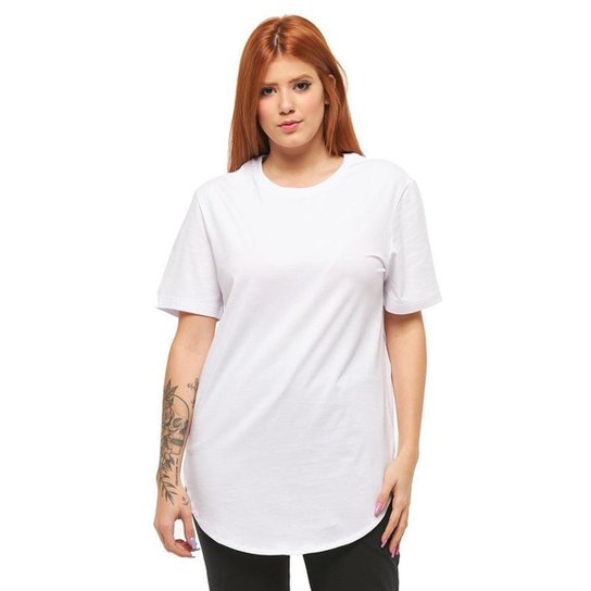 Camiseta Plus Size Longline Feminina Oversized Manga Curta-BRANCO-G4 - Branco Menor preço em Camiseta Plus Size Longline Feminina Oversized Manga Curta-BRANCO-G4 - Branco