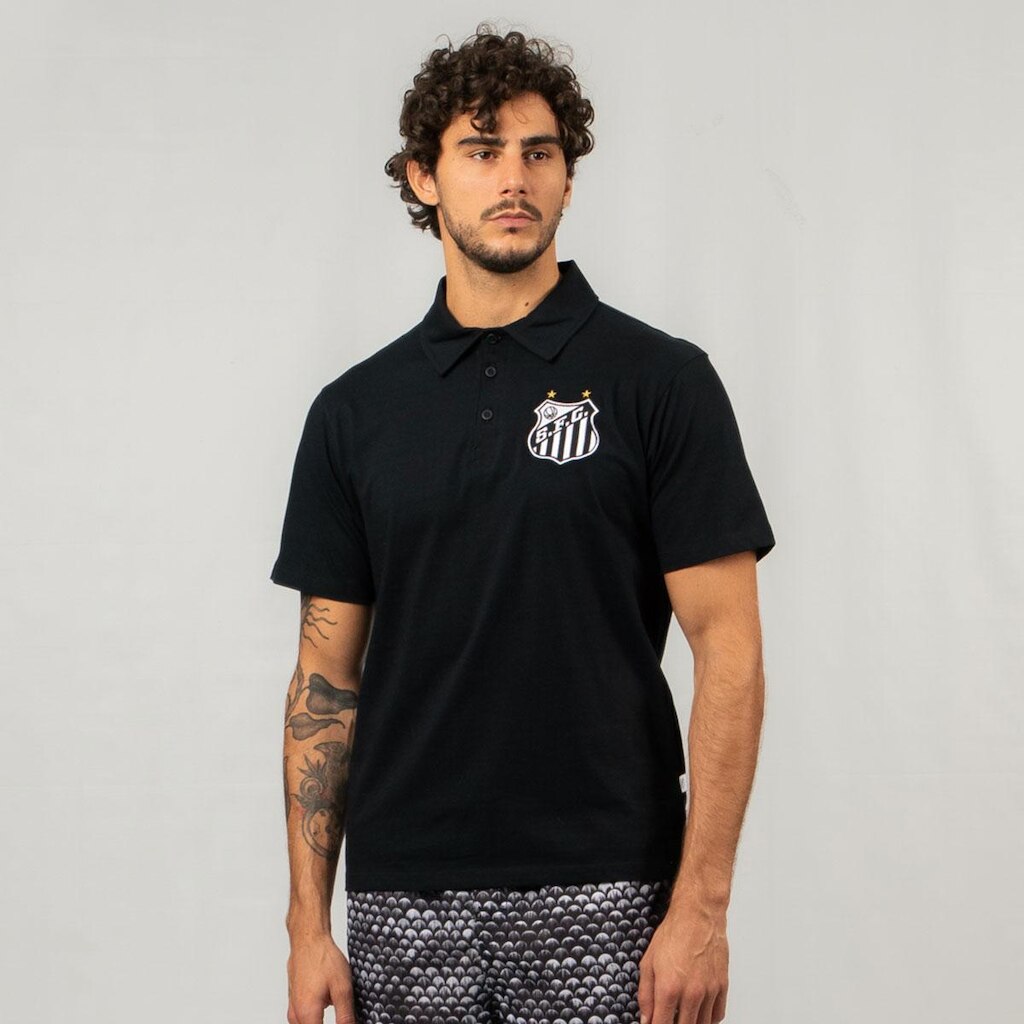Camiseta Polo Santos Tradicional Preta