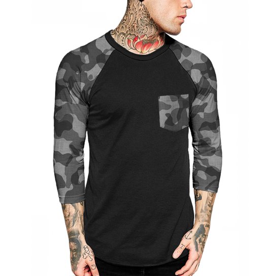 Camiseta Raglan Chess Clothing Manga 3/4 - Preto Menor preço em Camiseta Raglan Chess Clothing Manga 3/4 - Preto