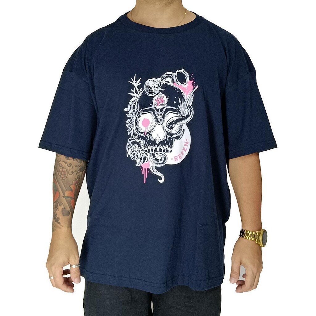 Camiseta Refen Plus Size Caveira Streetwear Marinho