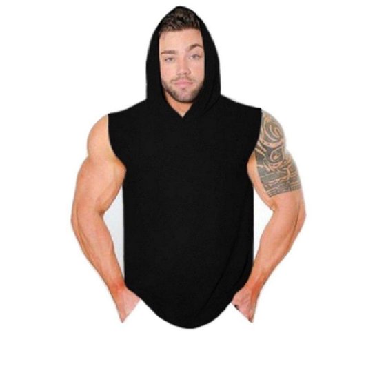 Camiseta Regata Capuz Machão Academia Esportiva lisa - Azul Menor preço em Camiseta Regata Capuz Machão Academia Esportiva lisa - Azul