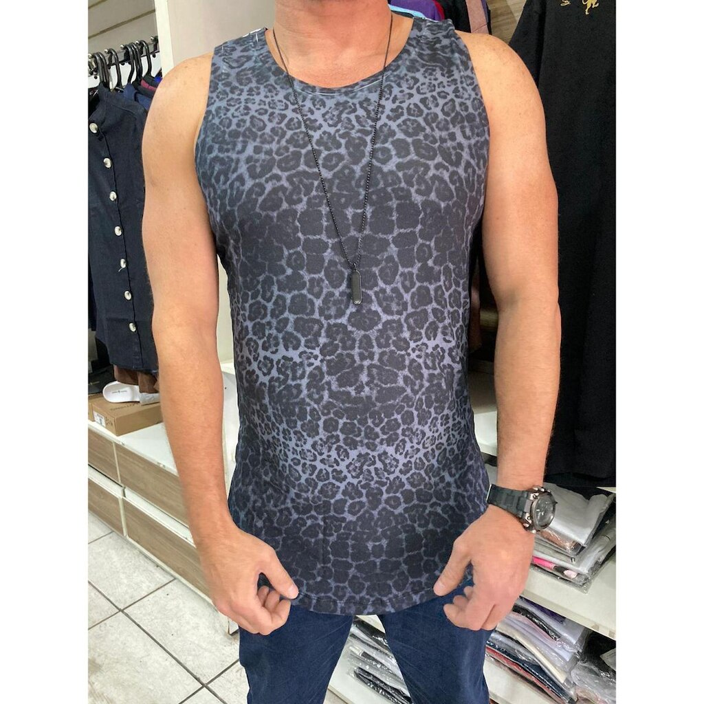 Camiseta Regata Longline Masculina Pintas de leopardo